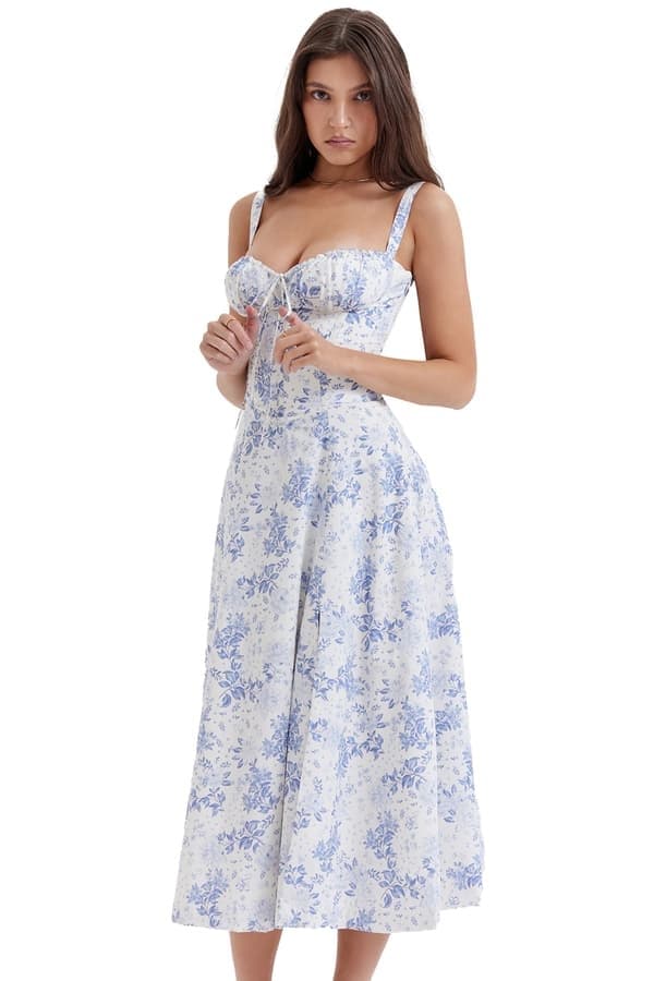Kvinders sommer blomstret Boho-kjole med firkantet hals og stropper, blå, størrelse L blue L