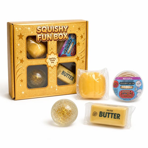 4-delad guldig Squishy Fun Box, blandade matglitter och dumpling sensoriska stressavlastningsleksaker i presentförpackning
