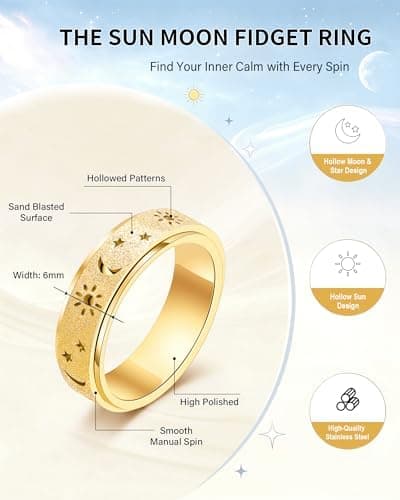 Fidget Ring Leker Voksne Angstavlastning Spinner Kvinner Menn Sol Måne Stjerne Gold Plated Size 5