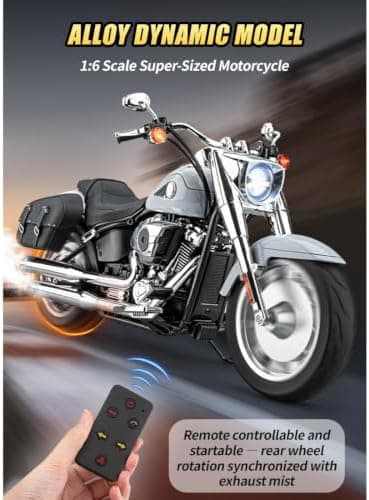 RC Motorcykelmodel til voksne, 1/6 skala legering dynamisk motorcykeludstilling med lydeffekter, LED-belysning, røgudstødningssimulering & Black