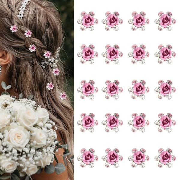 20 mini rosa och röda blomhårklämmor - söta strassdekorerade för bröllop och brudtillfällen.
