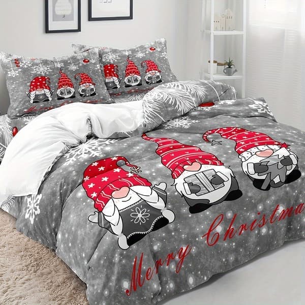 Jul Tomte Tecknad Påslakanset, 100% Polyester Andningsbart Tyg, Digitaltryck, Storlek 220cm*240cm 220cm*240cm