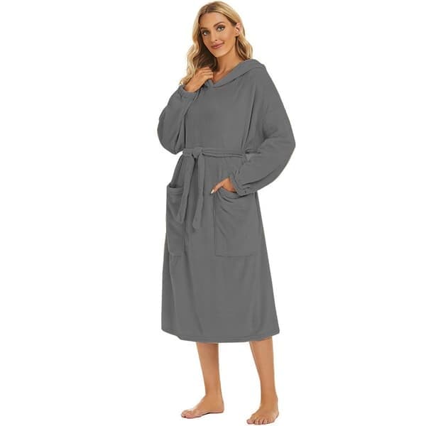 Dobbeltsidet fleece badekåbe med hætte, lang pullover badekåbe med bælte til hjem og hotel, grå Grey