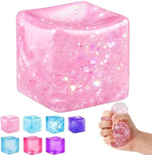 Ice Cube Squishy Fidget Toy - Sakte stigende stress sensorisk ball for tenåringer Pink-glitter