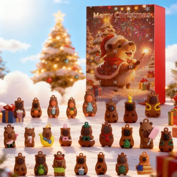 Capybara julekalender med 24-dages nedtælling, Capybara-figur til hvert vindue, julepynt og gaveemballage til & S