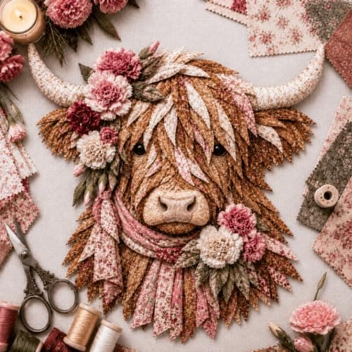 Fødselsblomst Highland Ku 3D Lagdelt Stoffkunst DIY-sett for voksne (U1PC) U1PC