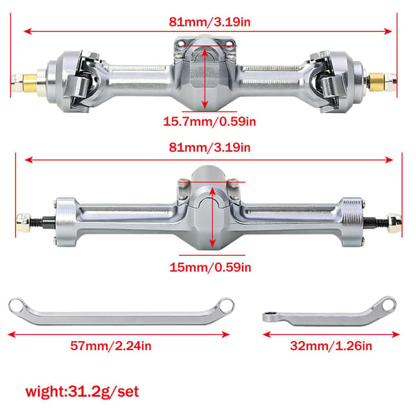 +5mm aluminium forreste og bagerste akselsæt 2/16T Max 52° til Axial SCX30 (sølv) Silver