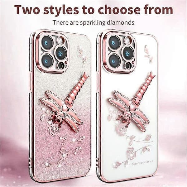 Etui til iPhone 15 Pro sommerfuglstativ TPU blomster glitter mobildeksel
