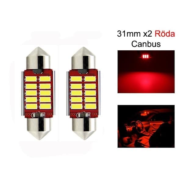 c5w Canbus 31mm Rød Led SV8.5 2-pakning 12v Rød