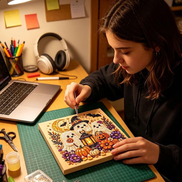 QELDRYX Halloween Spøgelse Perlekunst DIY-sæt til voksne, Flagermus Diamantkunst Sæt DIY Kits -06