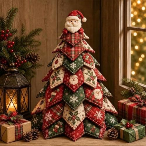 DIY Quiltad Julgran Kit, 3D Tyg Patchwork Hantverk för Nybörjare 7in Style B