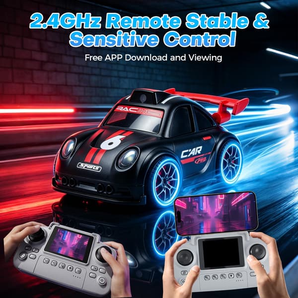Mini RC-bil med kamera 2,4\" skærm FPV fjernstyret bil sort