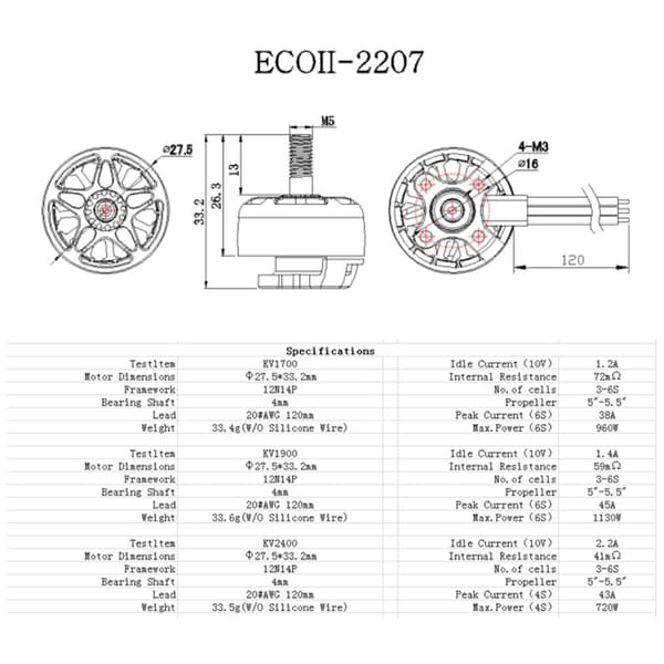 EMAX ECOII Serie 2207 Børsteløs Motor til 5\" FPV Drone (1900KV) 1900KV