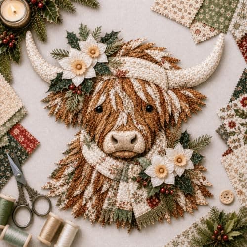 Fødselsblomst Highland Ko 3D Lagdelt Stofkunst DIY-sæt til voksne (G1PC) G1PC