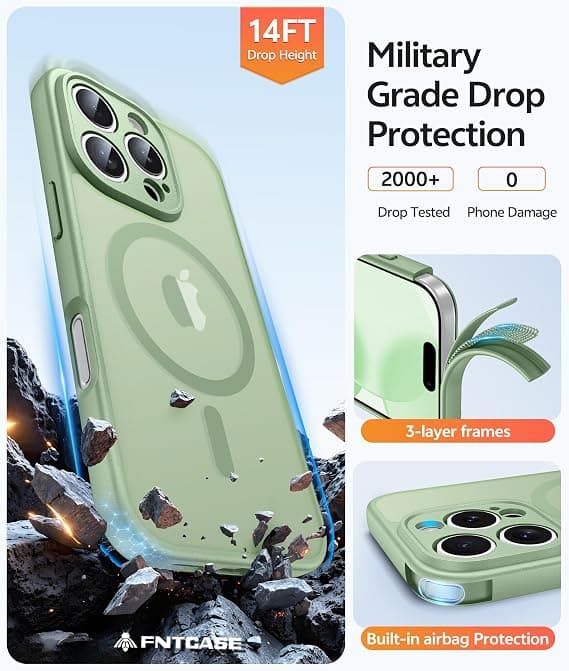FNTCASE til iPhone 16 Pro Max-deksel, magnetisk matt gjennomskinnelig, fallbeskyttelse i militærklasse, støtsikkert tynt robust deksel Light Moss