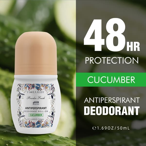 Flora Ruby Antiperspirant Roll-On, 48H svett- och luktskydd, aluminiumformel, långvarig fräschör, 1,59 oz / 50 ml cucumber