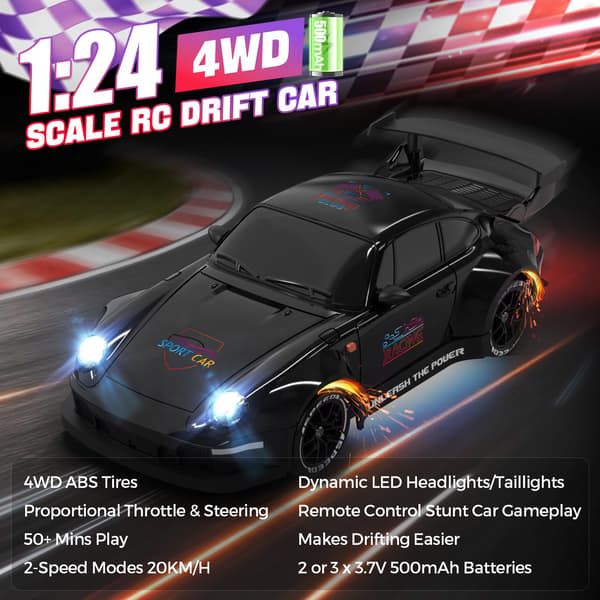 RC Driftbil, 1:24 Fjernstyret Bil med LED-lys 2 Batterier Sort 2 Batteries Black