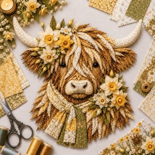 Fødselsblomst Highland Ko 3D Lagdelt Stofkunst DIY-sæt til voksne (D1PC) D1PC