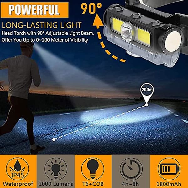 Vanntette hodelykter 2000 Lumen Supersterke hvite røde lys, 7 moduser for camping, sykling, løping, fiske