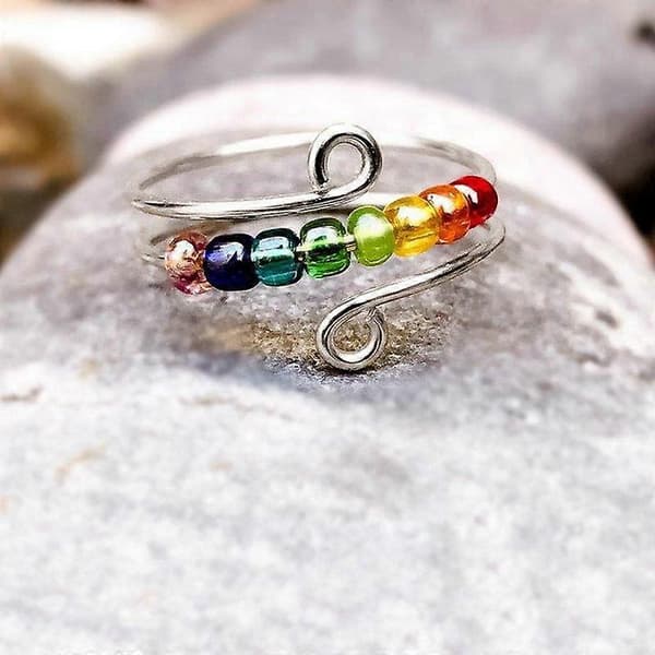 Bohemsk regnbueperler angstring roterer fritt anti-stress fidget spinner ringer for kvinner jenter mote bryllupssmykker White