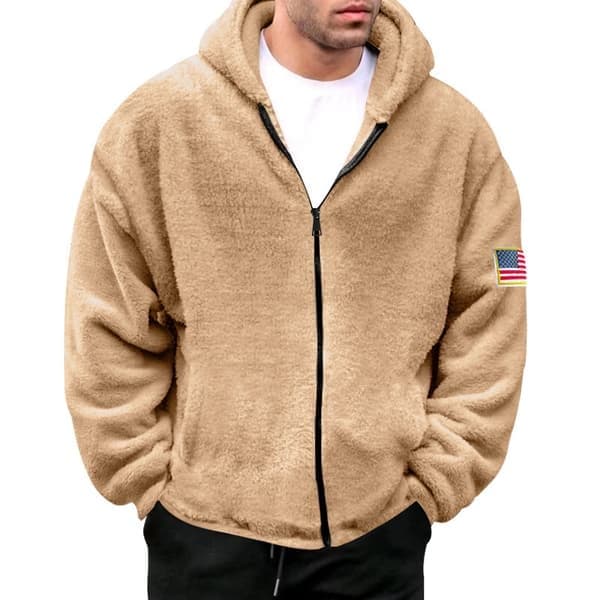 Fleece hættetrøje med lynlås til mænd, vinterjakke, khaki, størrelse S khaki S