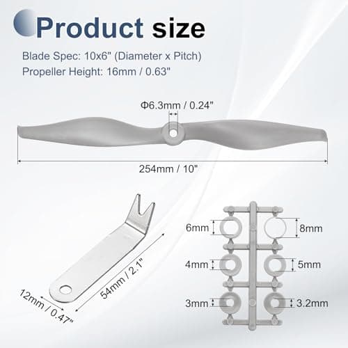MECCANIXITY 10x6 tommer RC-propeller, 2-bladede propeludskiftninger grå højhastighedspropel med adapterringe og propel-nøgle til RC-fly 2 10" x 6"