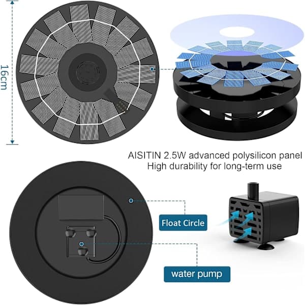 2,5W solfontene med solcellepaneler, flytende fontenepumpe