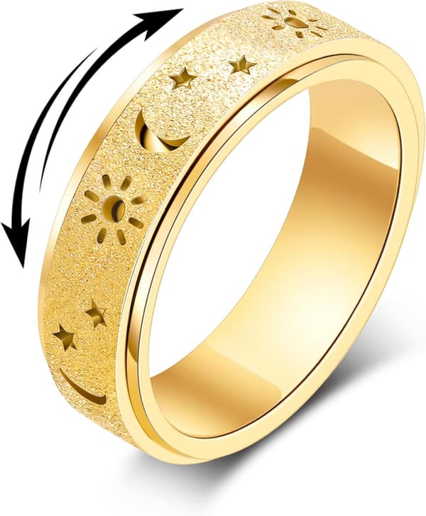 Fidget Ring Leker Voksne Angstavlastning Spinner Kvinner Menn Sol Måne Stjerne Gold Plated Size 10