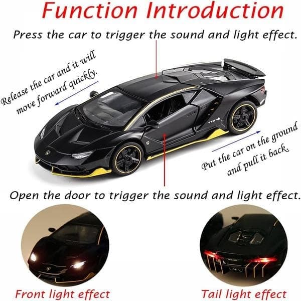Samlerobjekt sort Lamborghini legetøjsbil i metal med pull-back, lys og lyd