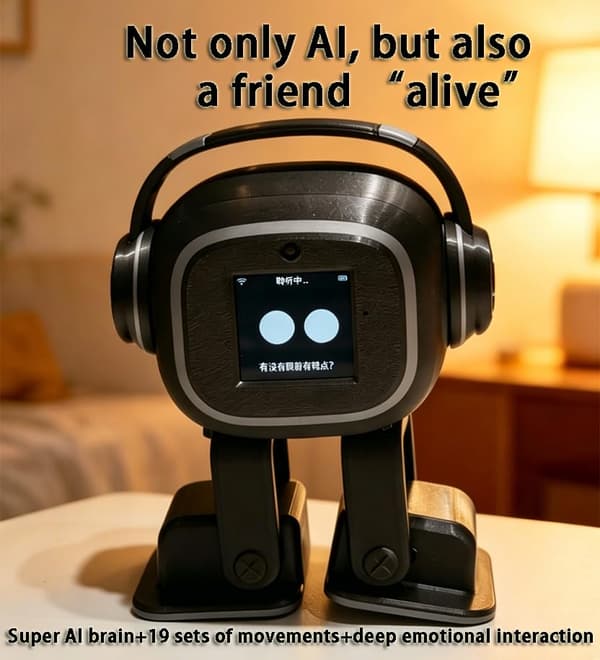 AI-ledsagerrobot til voksne | Desktop-humanoid med dynamiske udtryk og tilpasset vidensbase | 19 handlinger, 10 sprog | AI-kæledyr, Emo Black