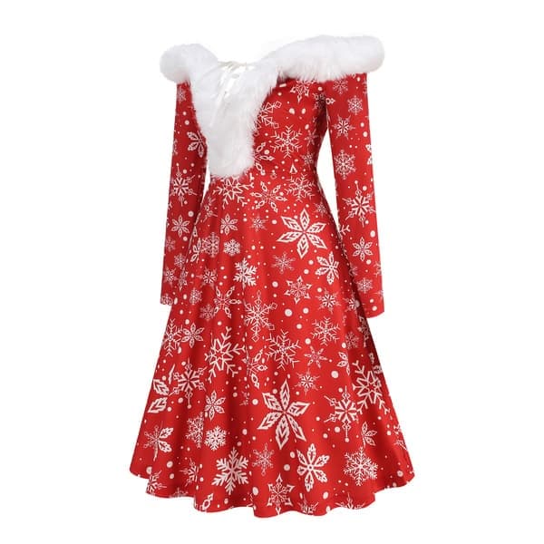 Dammode V-ringad ledig passform Jul Cosplay Kostym Tryckt Klänning, Storlek M M