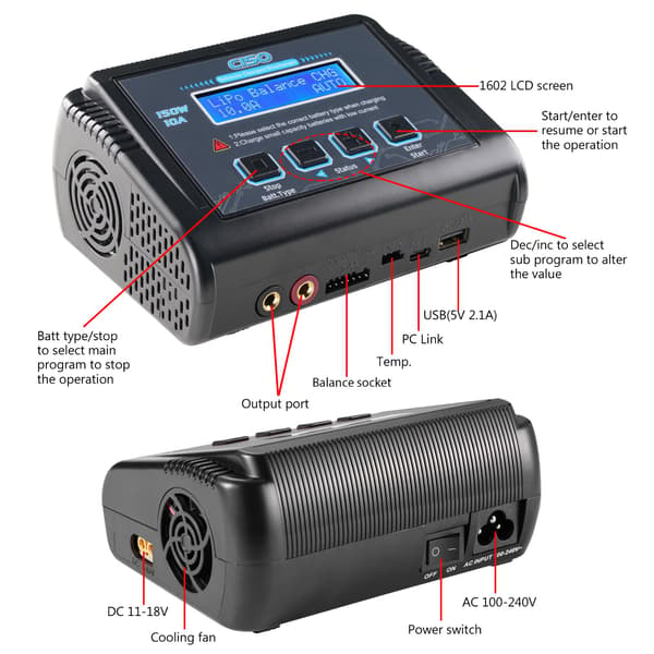 LiPo batterioplader, 150W 10A balance hurtigoplader til RC bil drone