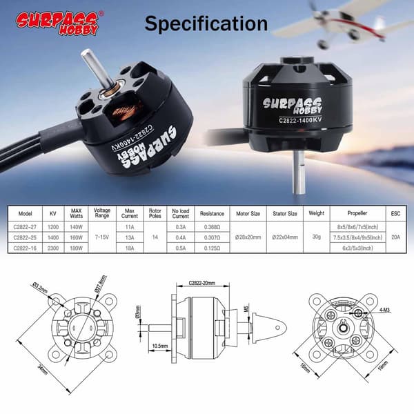 Surpss Hobby C2822 1200KV Borstlös Motor för RC Flygplan Fastvinge 1200kv