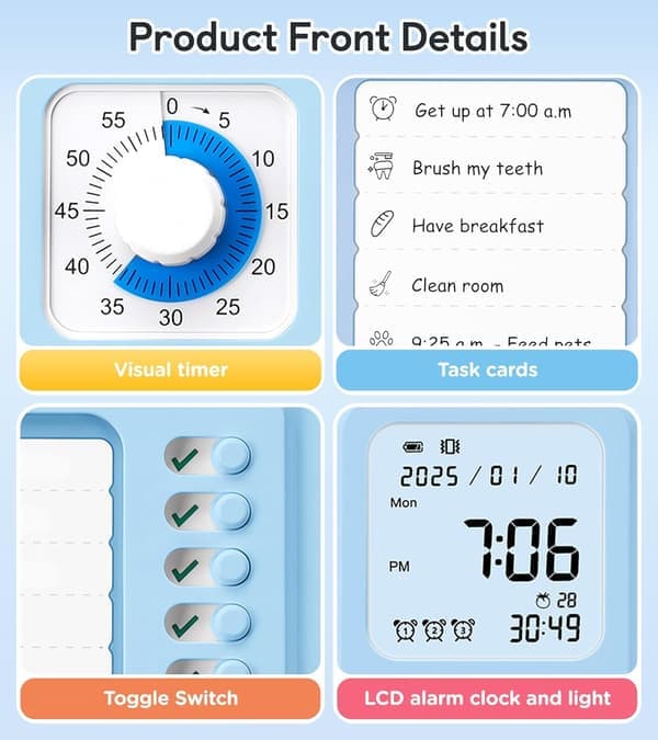 3-i-1 Visuell Timer og ADHD-verktøy for barn, voksne, oppgavetimer med oppgavekort, visuell timeplan for barn med autisme