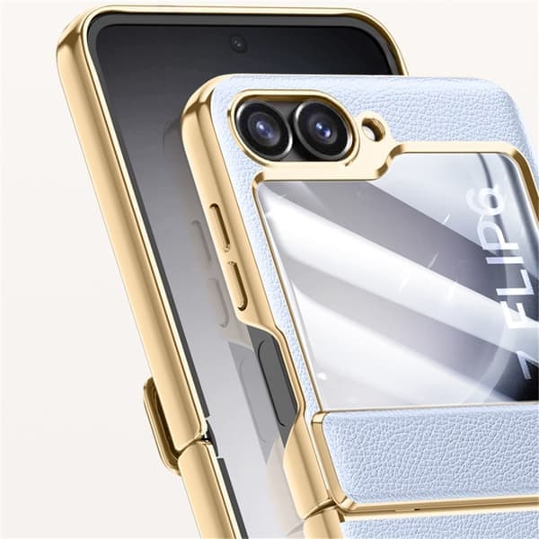 Samsung Z Flip 7 FE PU-läder skyddsfodral med guldkant, svart