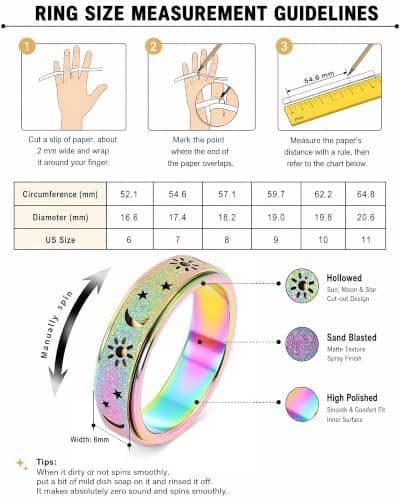 Fidget Ring Legetøj Voksne Angstlindring Spinner Kvinder Mænd Sol Måne Stjerne Rainbow Size 5