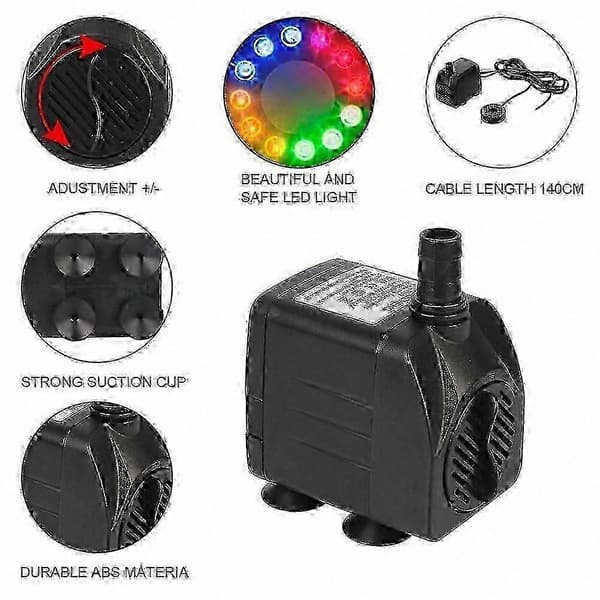Dykbar springvandspumpe med 12 LED-lys Ultra-stille drift Inkluderer strømkabel