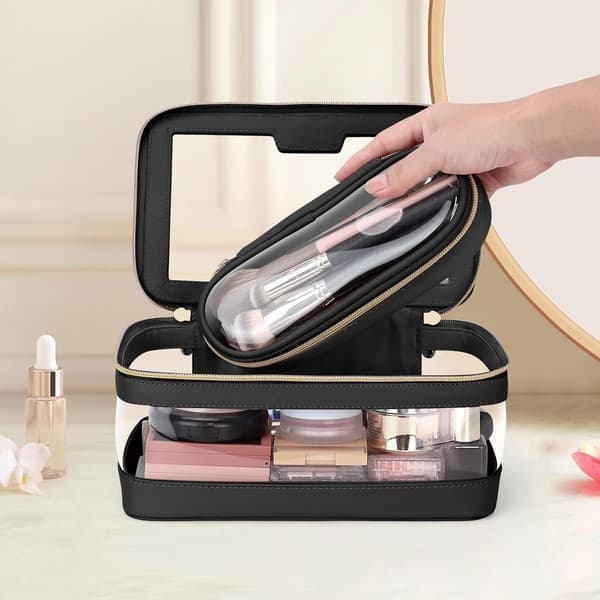 Rejsetaske med makeuptaske, toilettaske i læder, sort black
