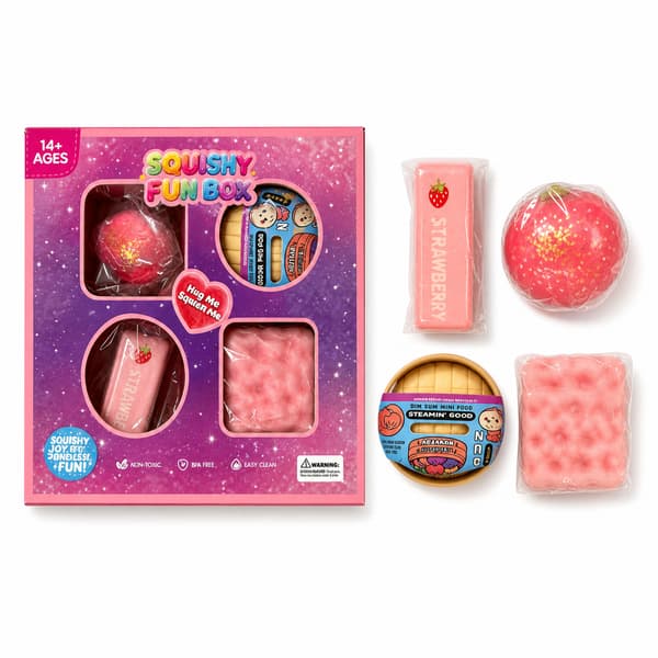 4-delad rosa Squishy Fun Box, blandade dessert- och glitter-sensoriska stressavlastningsleksaker i fönsterpresentförpackning
