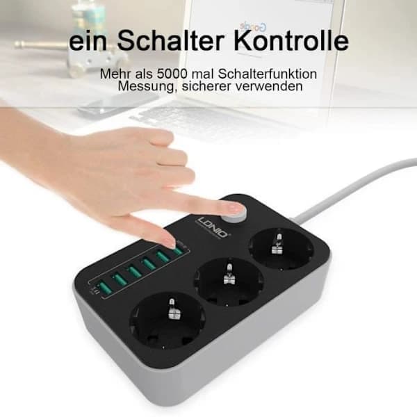 USB-strømskinne med overspenningsvern - 3 uttak + 6 USB-porter, 1,6 M strømkabel