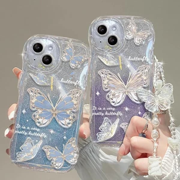 Kompatibel med iPhone til kvinder/piger sød sommerfugl glimmer bling armbånd ridsefast stødsikkert etui til iPhone blå iPhone15pro