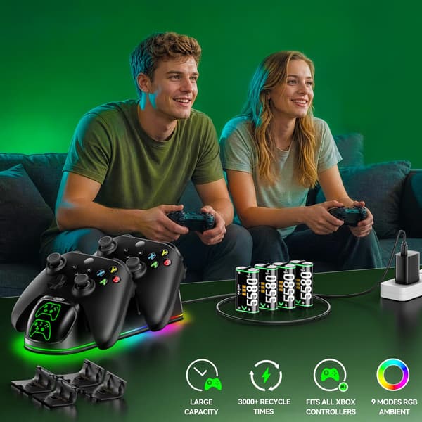 OlVO XSX Controlleroplader til X/S/One/Elite, med 4x5580mWh Xbox-batteri Black-4 Packs