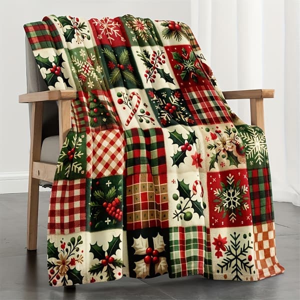 Juleglæde Patchwork Fleecetæppe, Hyggeligt Rødt og Grønt Feriedesign, Blød Polyester, Maskinvaskbart, Størrelse 69.98*100.0cm 69.98*100.0cm