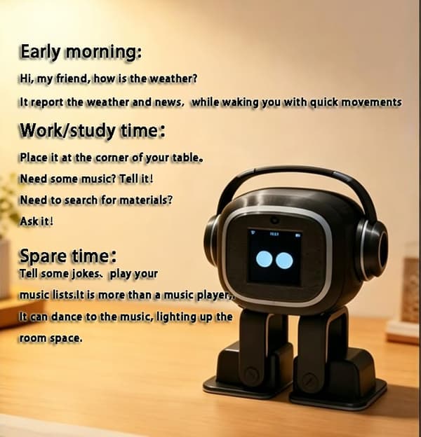 AI-ledsagerrobot til voksne | Desktop-humanoid med dynamiske udtryk og tilpasset vidensbase | 19 handlinger, 10 sprog | AI-kæledyr, Emo Black