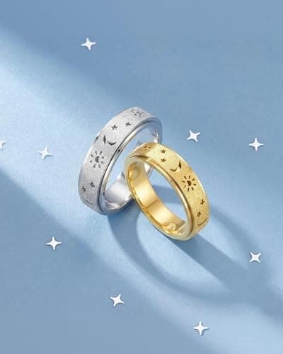 Fidget Ring Leker Voksne Angstavlastning Spinner Kvinner Menn Sol Måne Stjerne Silver Size 8
