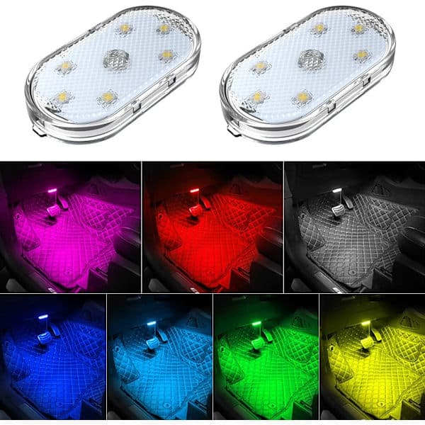 2 STK. LED-lys til bilinteriør, 7 farver Ambient belysning bilinteriør, USB genopladelig bilinteriør læselampe, Bærbare LED-lys til bil