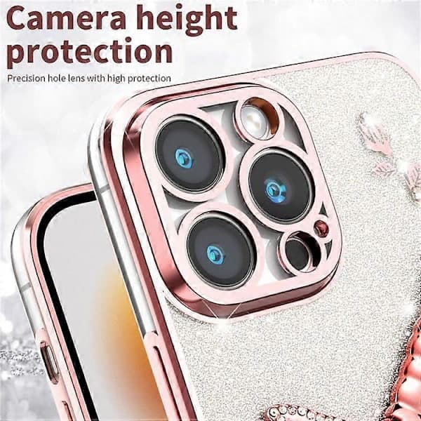 Etui til iPhone 15 Pro sommerfuglstativ TPU blomster glitter mobildeksel