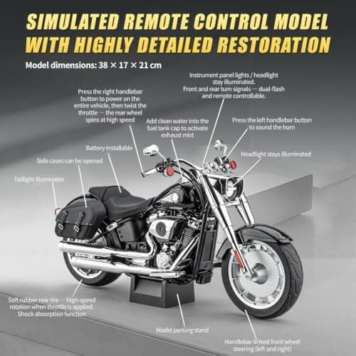 RC Motorcykelmodel til voksne, 1/6 skala legering dynamisk motorcykeludstilling med lydeffekter, LED-belysning, røgudstødningssimulering & Black