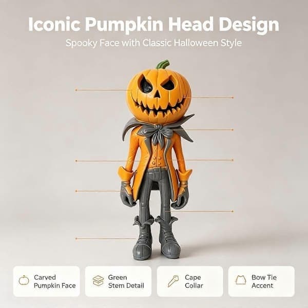 Gentleman gresskarhode-figur til Halloween, Jack O'Lantern borddekorasjon i trenchcoat for peishylle, bokhylle
