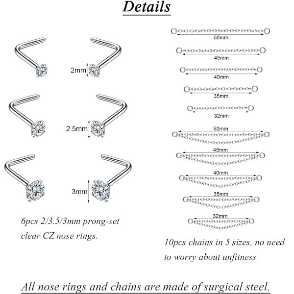 Kedja CZ Stud Näspiercing Set, 3 Storlekar 2mm-3mm, Punk Kroppssmycken, Guldton/Silver Silver
